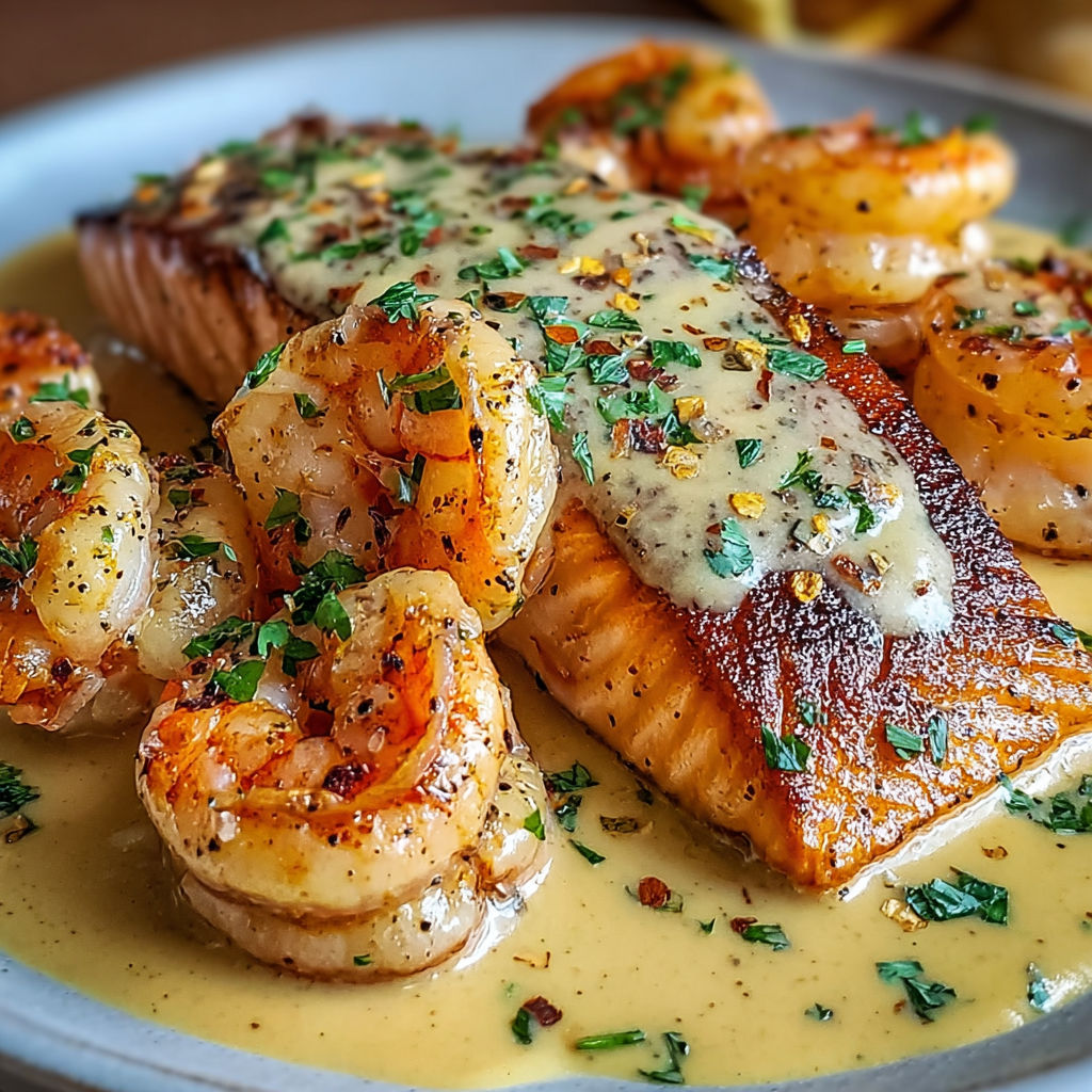 Une image de Saumon et Crevettes avec Sauce à la Crème Cajun.