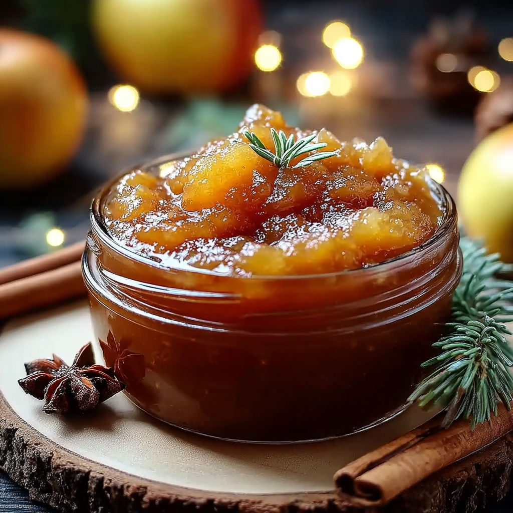 Une délicieuse confiture de Noël à la pomme et cannelle, servie dans un vase en bois.
