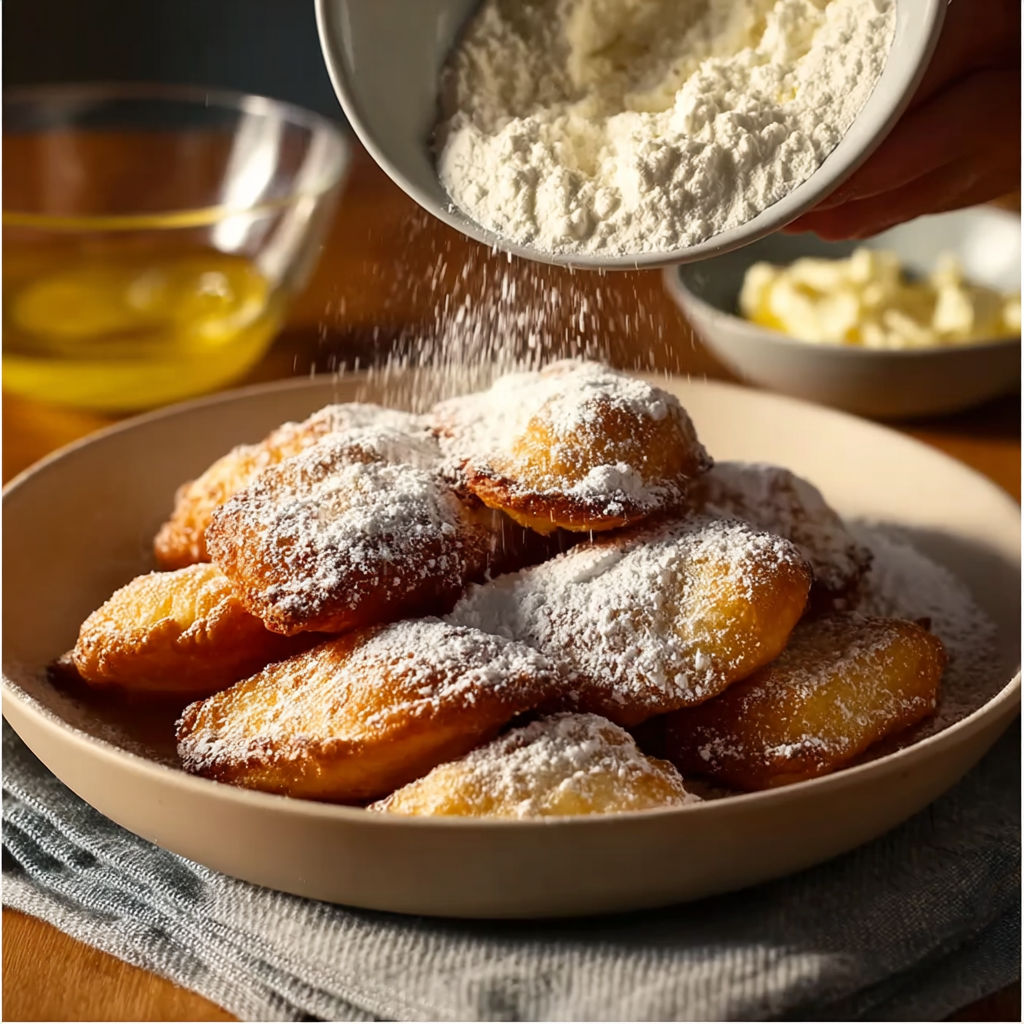 Une pile de bugnes légères au four, avec du sucre et de la farine, sont prêts à être cuits.