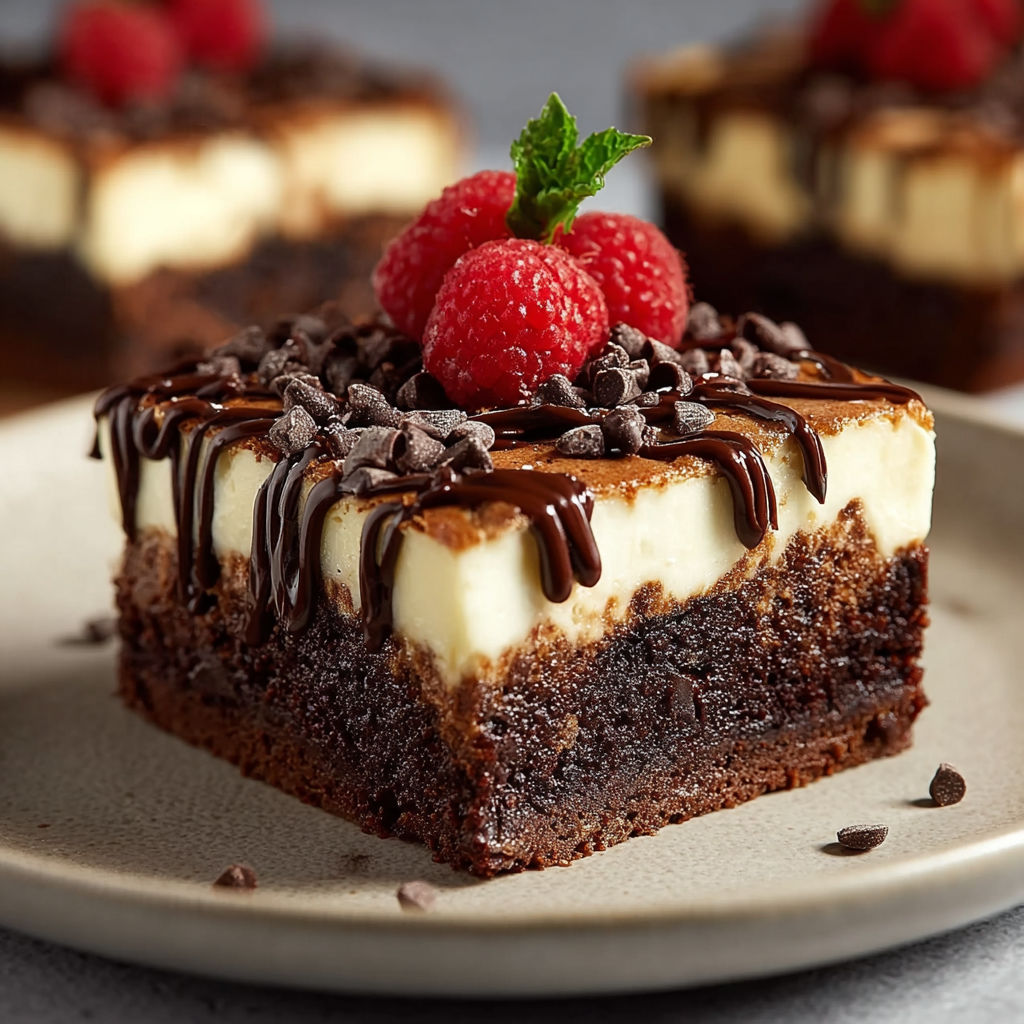 Une portion de brownie au cheesecake avec des fraises sur le dessert.