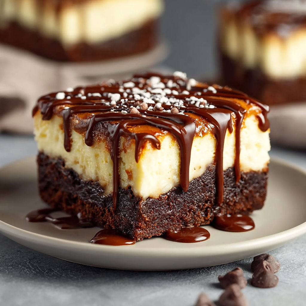 Une recette de brownie au cheesecake délicieuse, avec une sauce chocolat fondu et des noix de cacao.