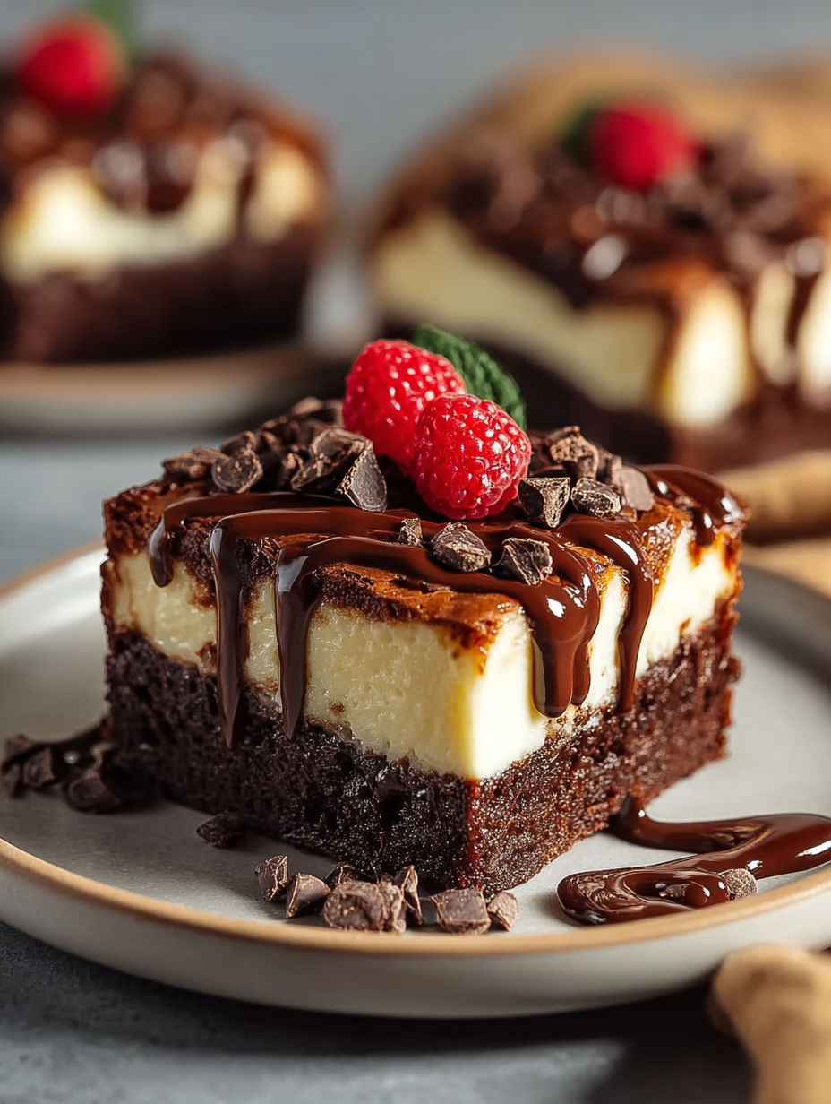 Une recette de brownie au cheesecake délicieuse, garnie de fraises et de chocolat fondu, est servie sur un plateau.