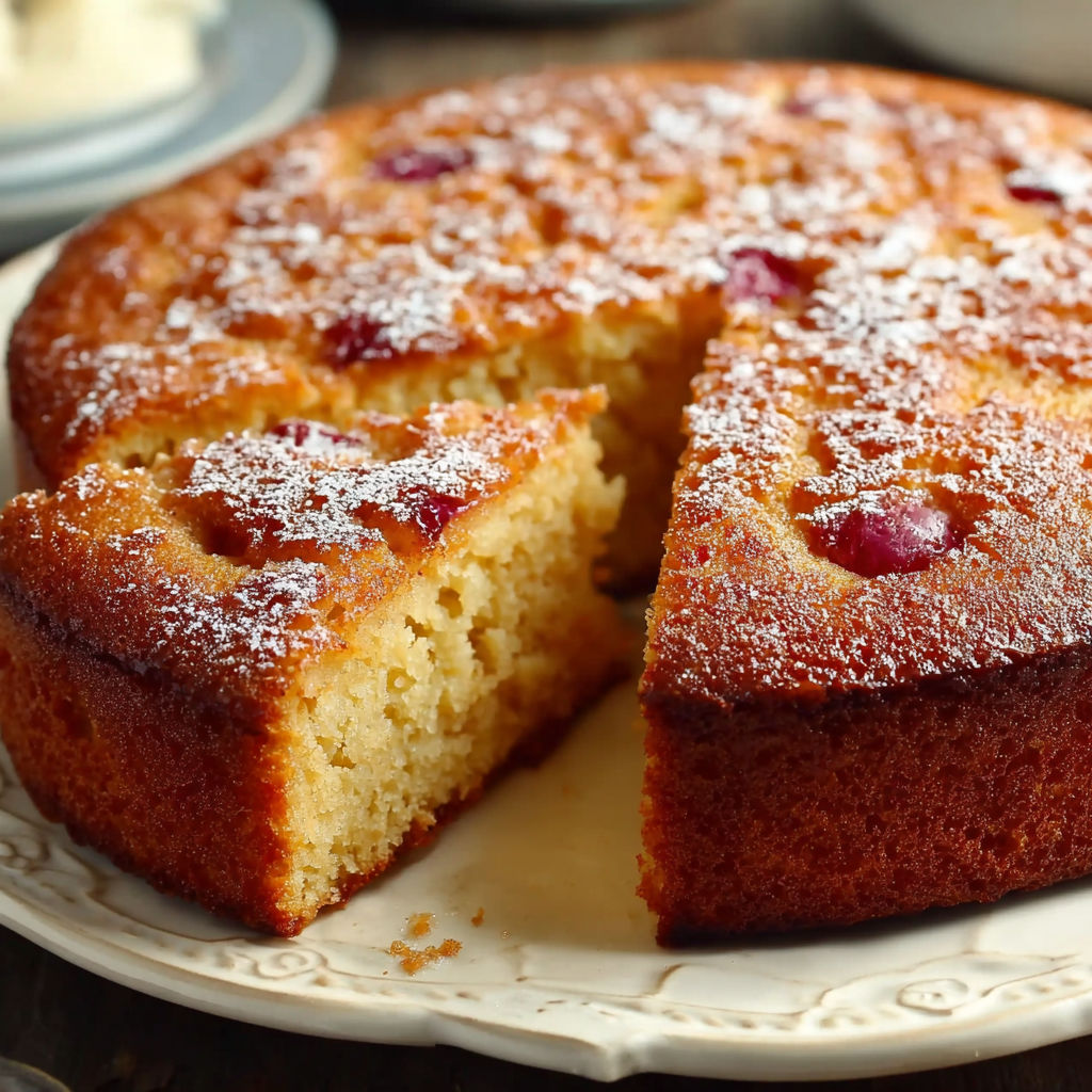 Une tarte aux fruits, garnie de sucre, est servie sur un plateau.