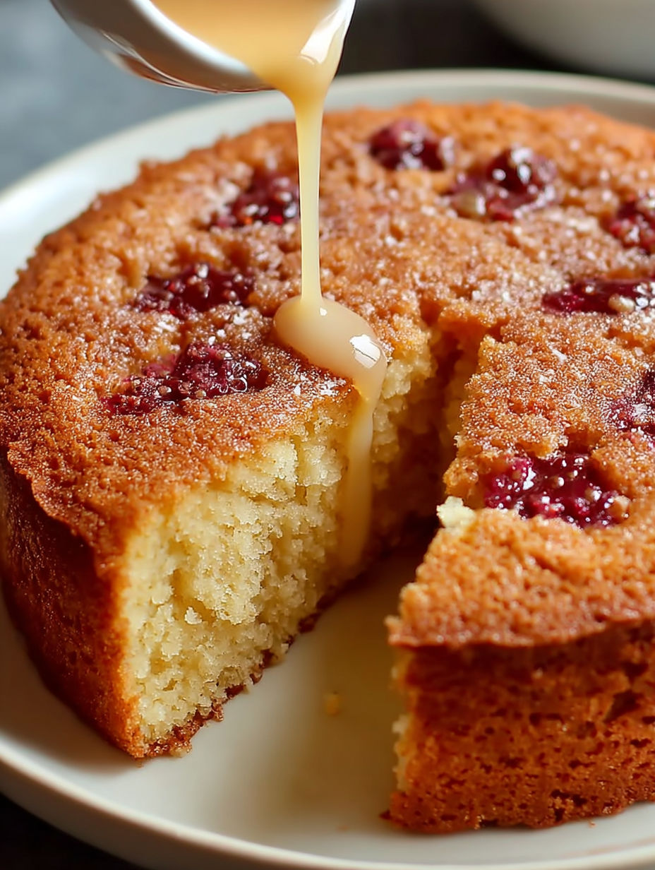 Une tarte aux fruits, avec une sauce chocolat, est servie sur un plateau.
