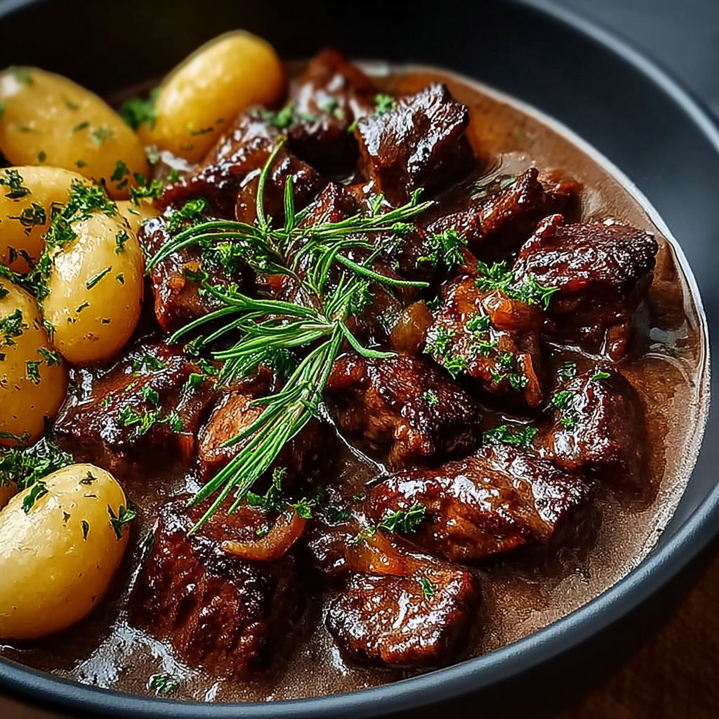 Une image de la Carbonade Flamande Authentique, un plat traditionnel belge, est servie dans un bol noir.