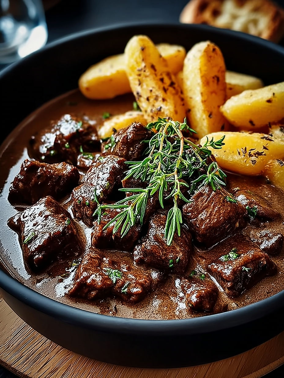 Une recette de steak avec des pommes de terre et des herbes.