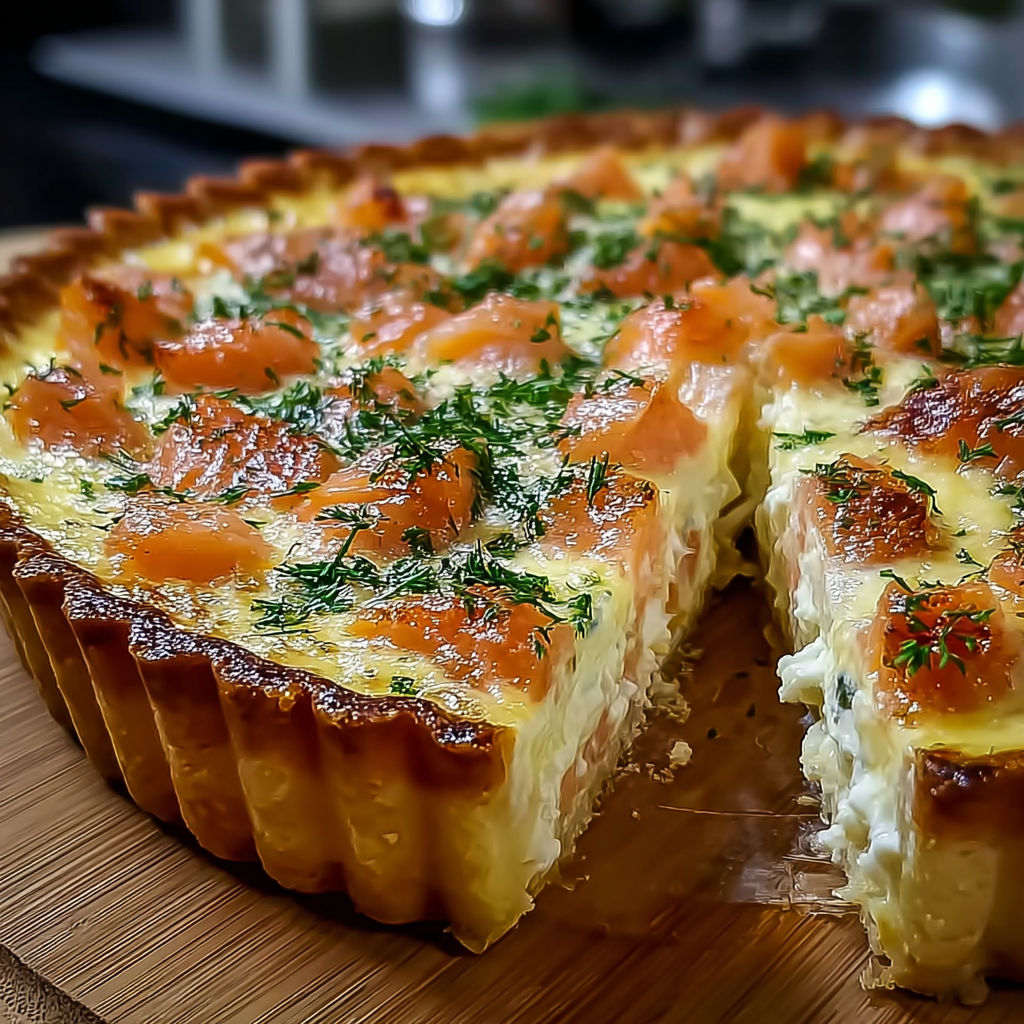 Une tarte aux fruits de mer est servie sur une table.