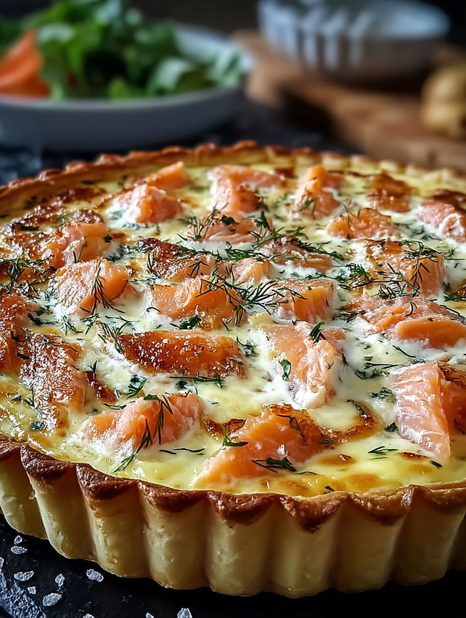 Une tarte aux pommes de terre et saumon, avec des herbes fraîches et des légumes, est servie sur une table.