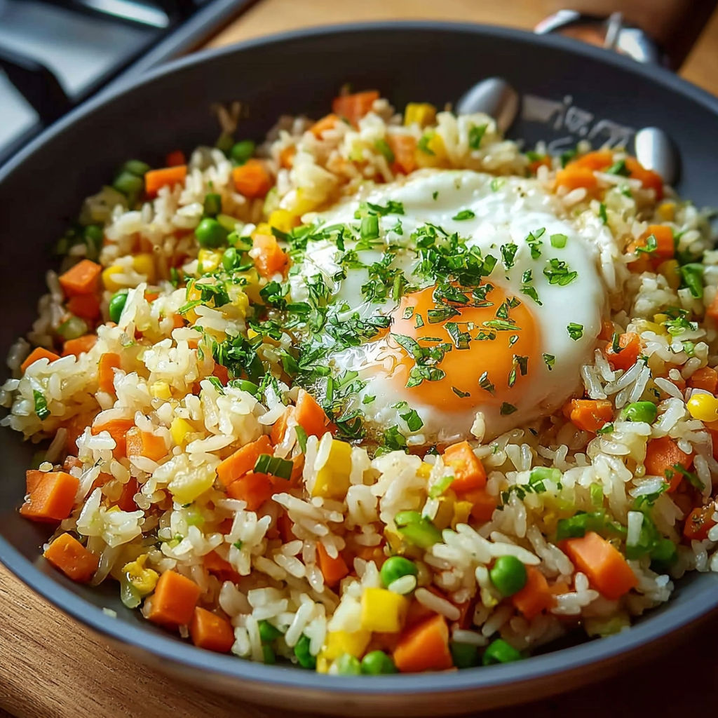 Une assiette de riz frit maison avec un œuf et des légumes.