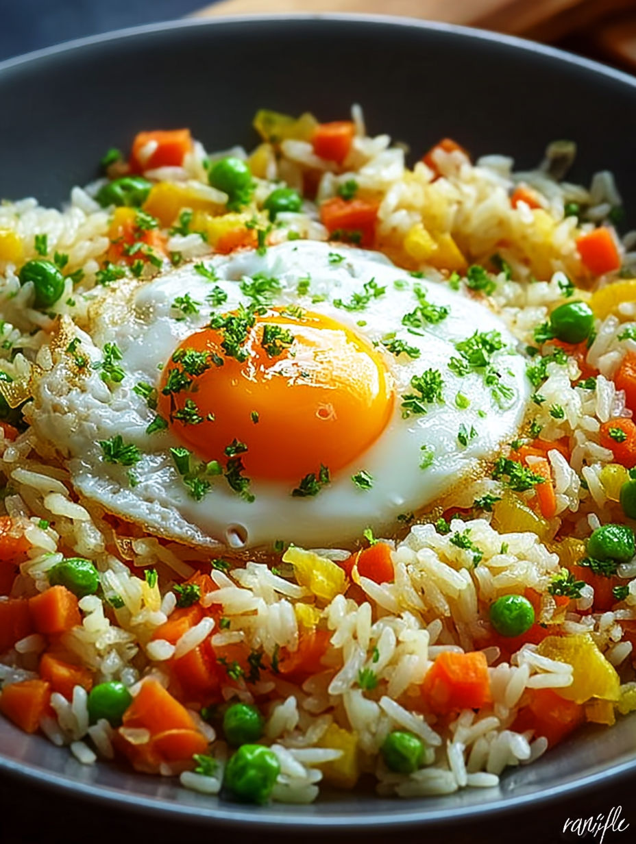 Une collation de riz frit maison, œufs et légumes, avec des légumes colorés tels que des carottes et des pois.