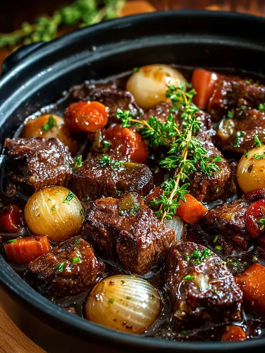 Un pot de viande de boeuf avec des carottes et des herbes.