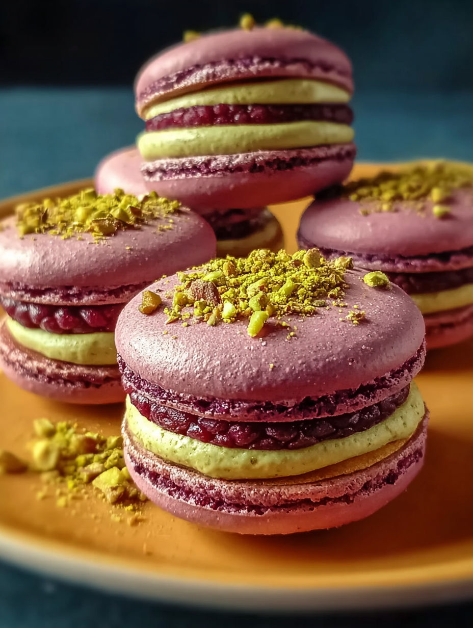 Les macarons colorés avec des graines de cumin et des fruits rouges.