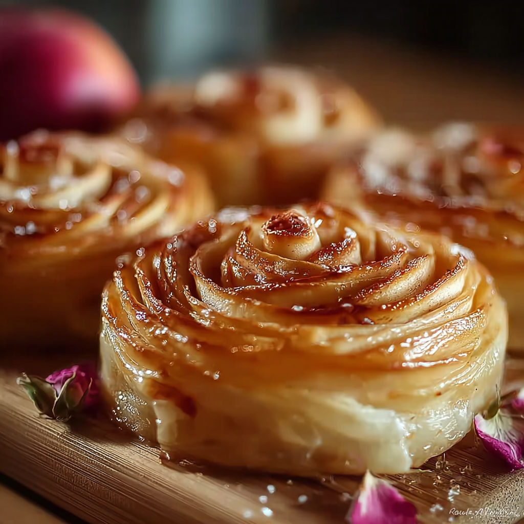 Une tasse de Roses Feuilletées aux Pommes et Miel sur une table.