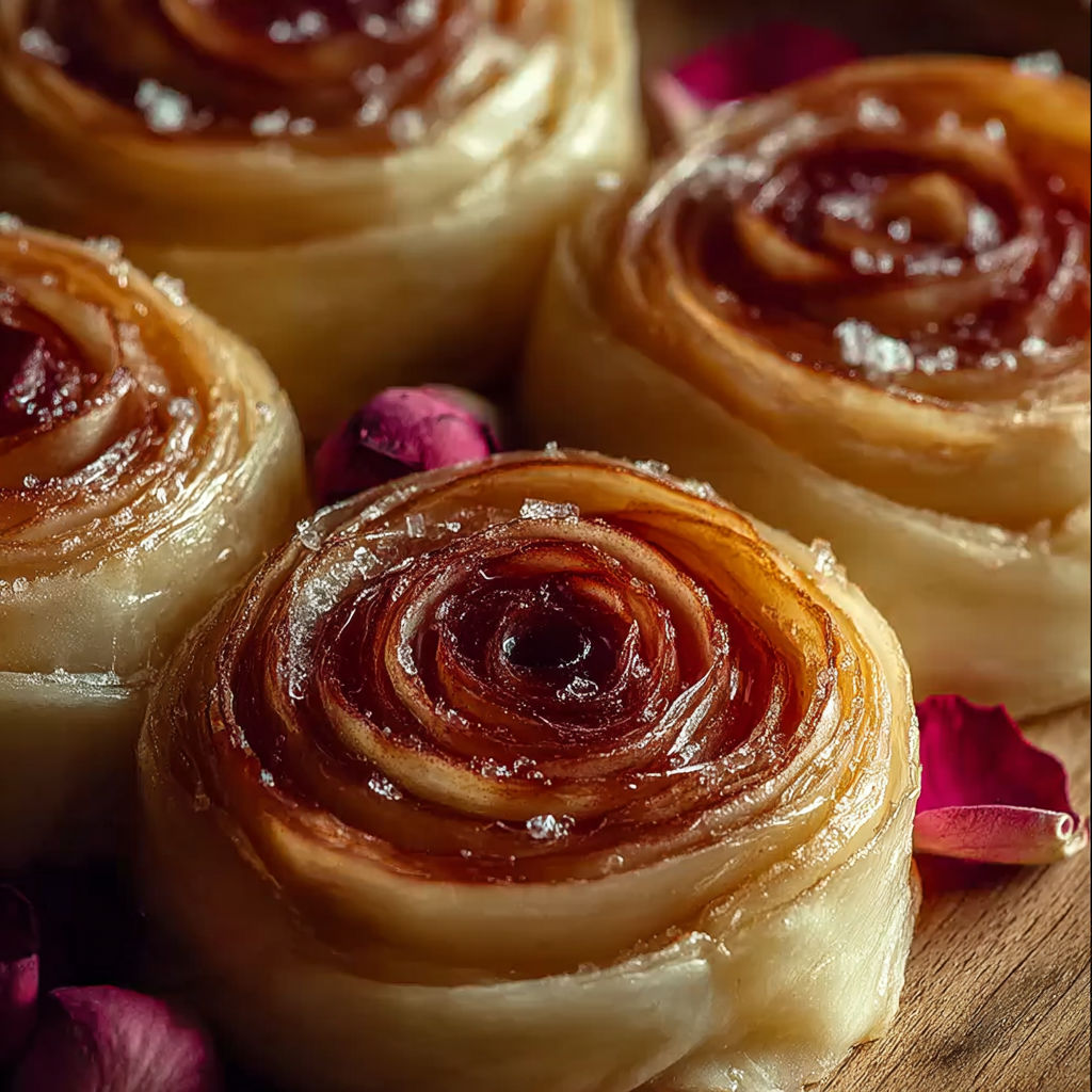 Deserts en forme de boules de roses, avec des graines de cannelle et des fleurs de rose.