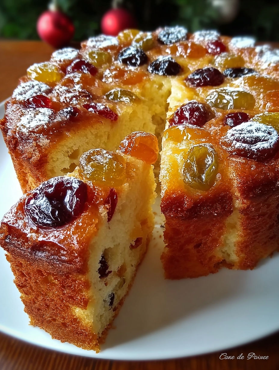 Une partie d'un gâteau aux fruits, avec des cerises et des raisins, sur une table blanche.