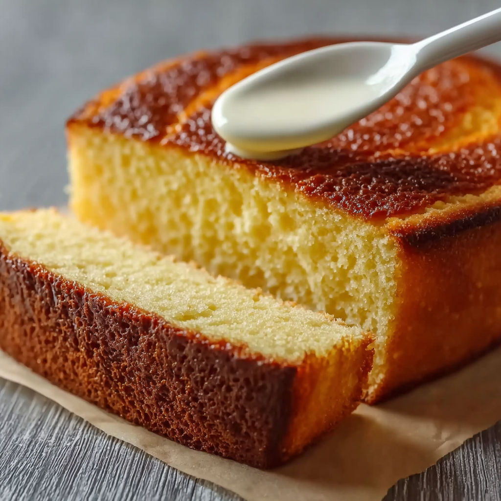 Une portion de gâteau de pâte à la crème, avec une cuillère pleine de crème chantilly dessert sur le dessus.
