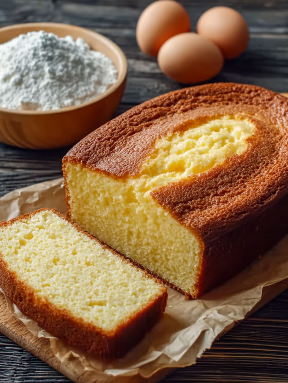 Une pâte à cake est sur une table, avec des œufs et du sucre.