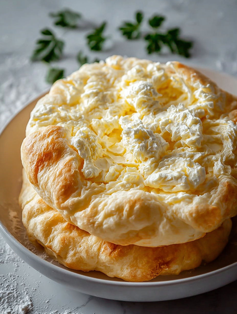 Un gâteau de pâte légère et de fromage blanc, accompagné de herbes fraîches.