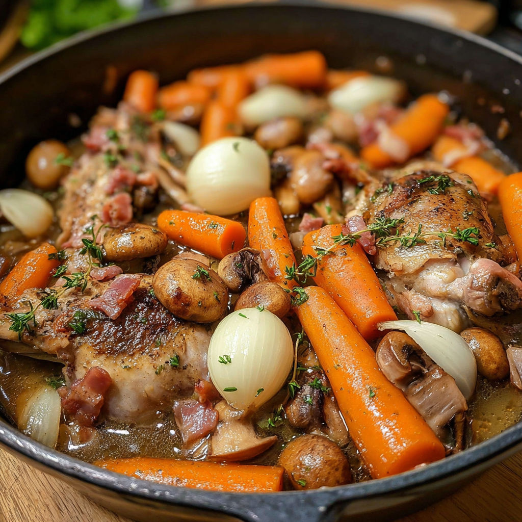 Lapin chasseur savoureux - Une casserole de poulet et de légumes, avec des carottes, des champignons et des oignons, dans un bol en fonte.