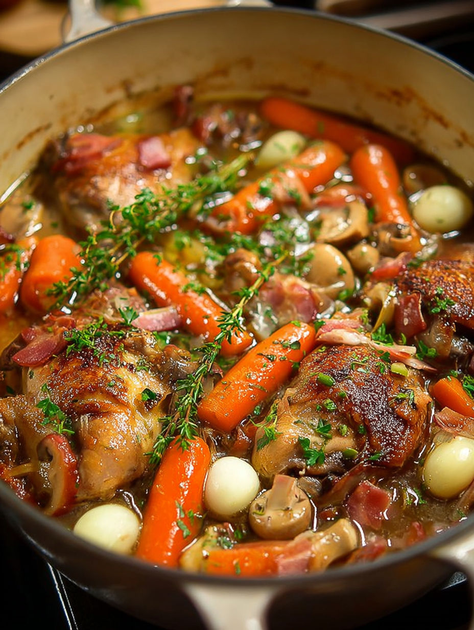 Poulet rôti avec des carottes et des champignons dans une sauce épicée