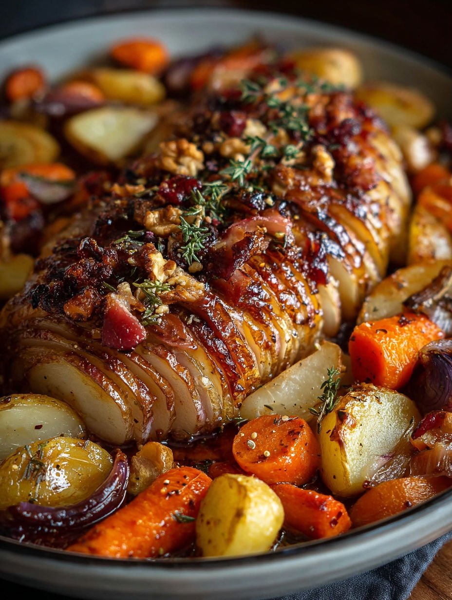 Un délicieux plat de viande de porc farci, accompagné de légumes et de pommes de terre, est servie dans un plat en argent.