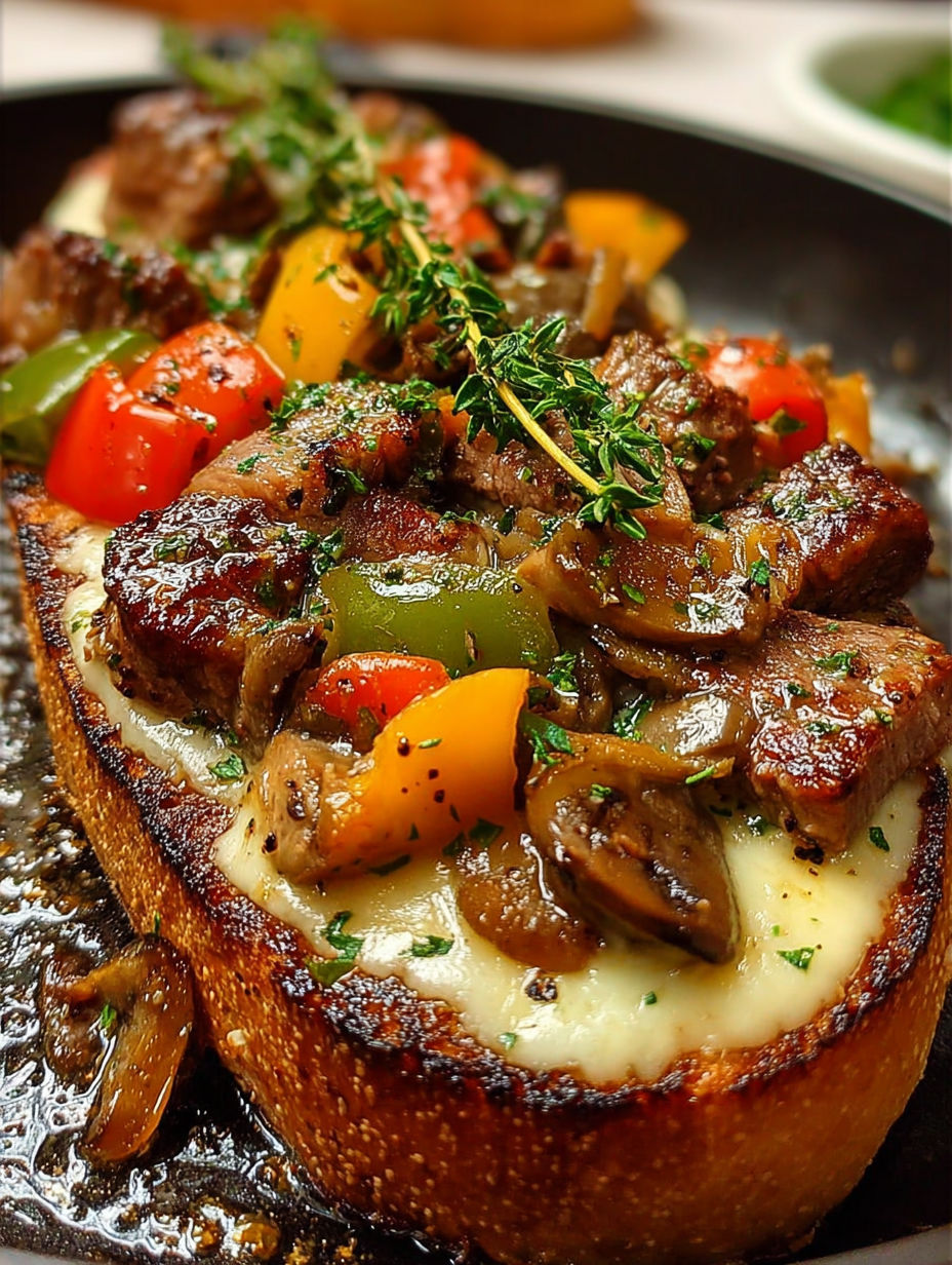 Une tranche de pain grillé avec des légumes et des viandes, accompagnée d'une sauce au fromage.
