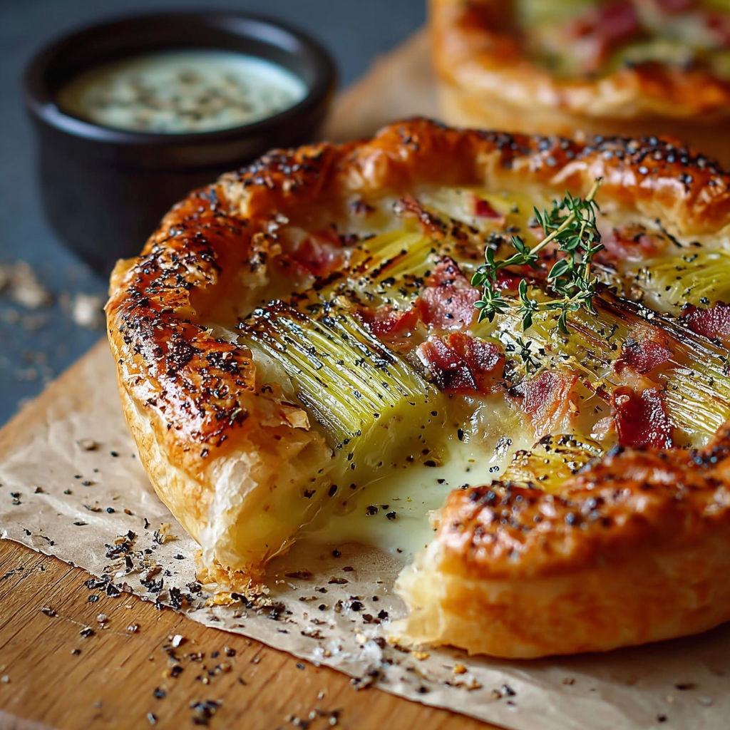 Une tarte aux pommes et bacon, avec une sauce au beurre, est servie sur un plateau en bois.