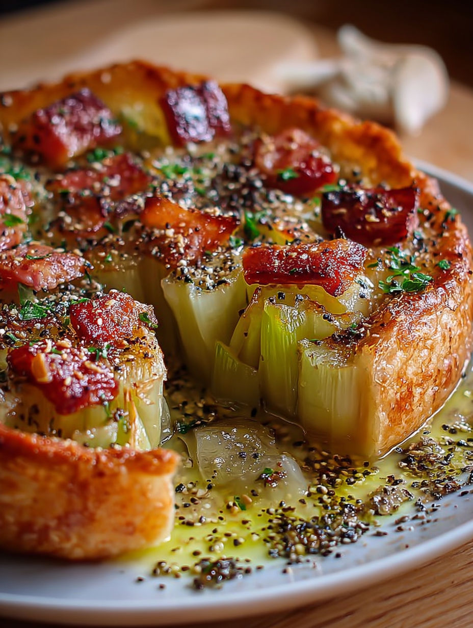 Une tarte aux légumes et bacon, avec une sauce au beurre et aux herbes, est servie sur un plateau.