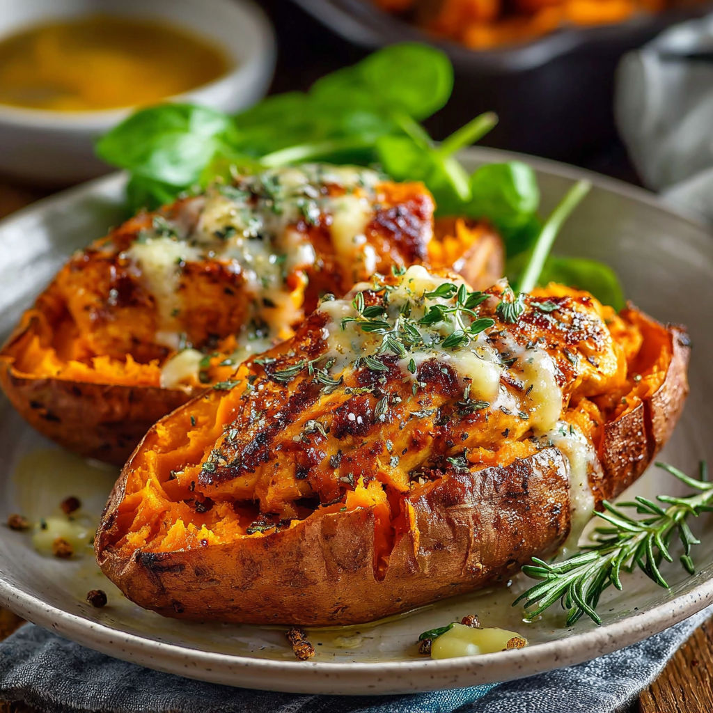 Une pâte de patate rôtie avec du poulet et des herbes, accompagnée de salade.