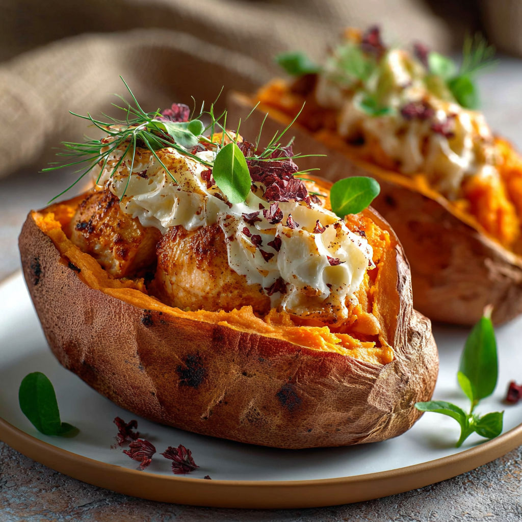 Une pâte de pomme farcie de poulet et de crème fraîche, servie sur un plateau.
