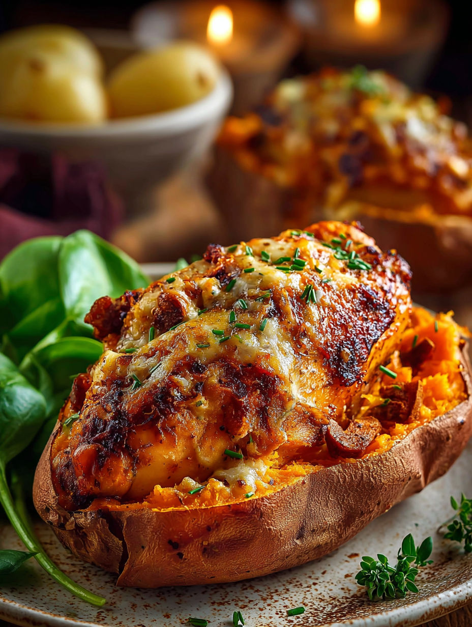 Une poire rôtie avec des légumes verts et des légumes rouges, accompagnée d'une sauce au chicken.