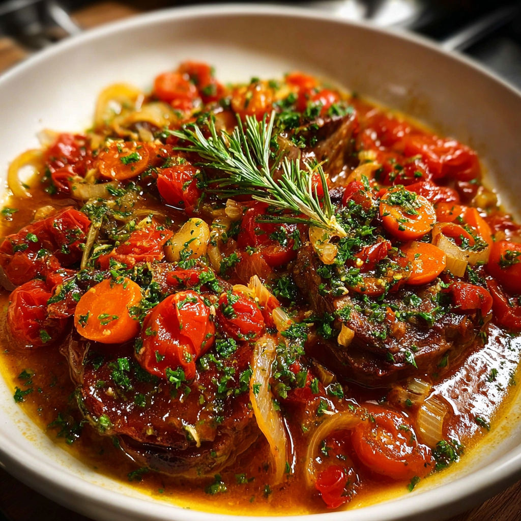 Steak au poivre avec carottes et oignons dans une sauce tomate" - Une recette de steak avec des légumes frais et une sauce tomate.