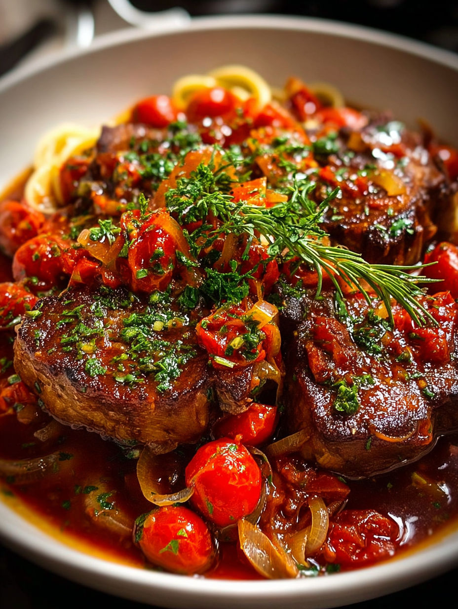 Steak au poivre avec des tomates cerises et des herbes fraîches" - Steak with peppercorns, cherry tomatoes, and fresh herbs.