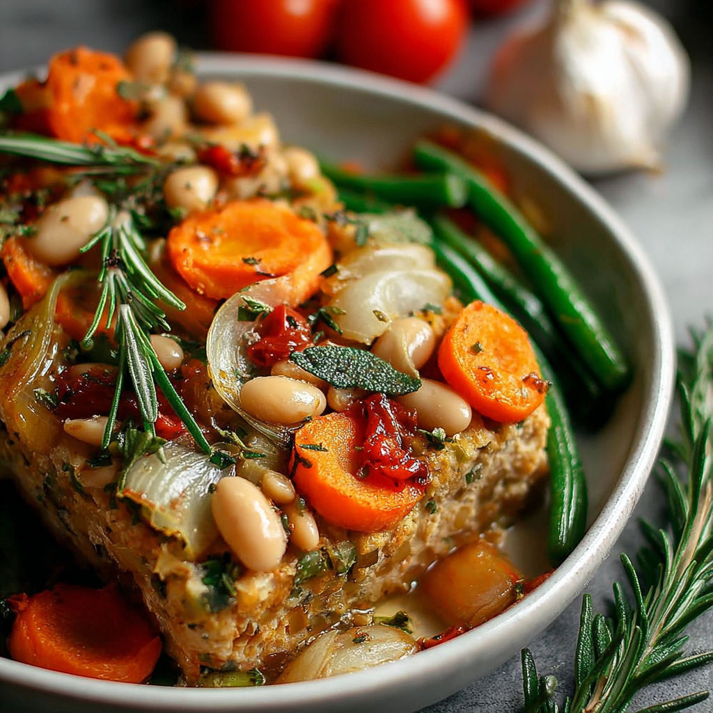 Un plat de rôti festif haricots blancs, avec des légumes et des épices, est servie sur un plateau.