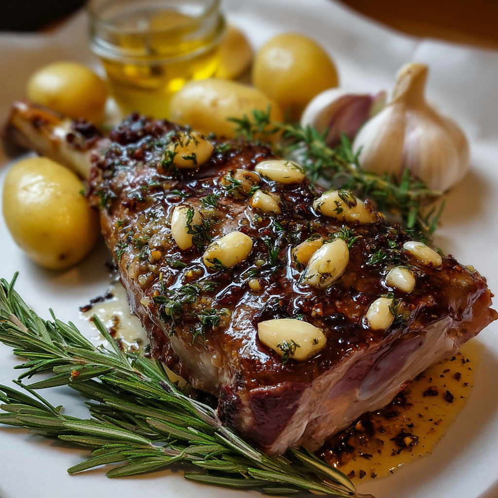 Une viande de sanglier est servie avec une sauce sucrée et des herbes.