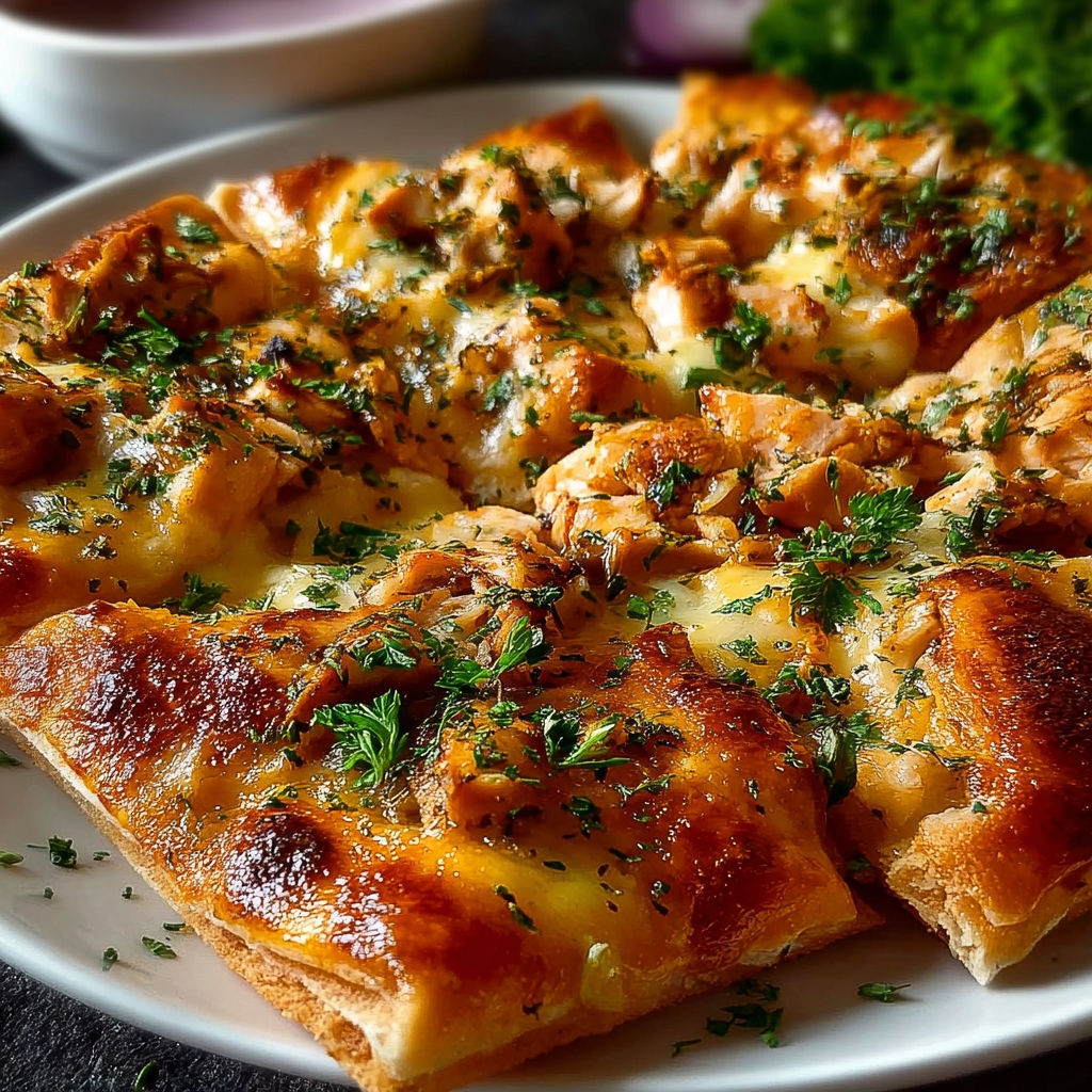 Une pizza de poulet croustillante, avec des herbes fraîches et du fromage, est servie sur un plateau.