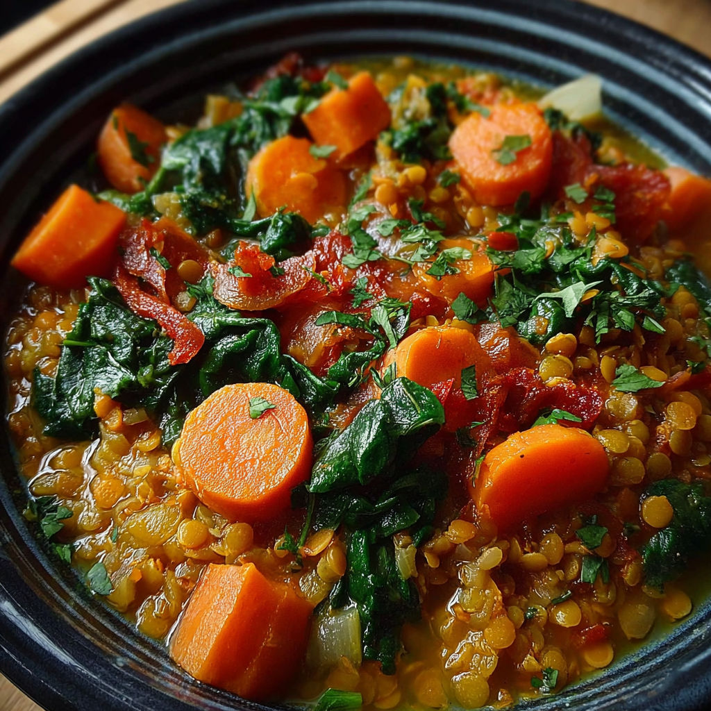 Ragoût végétal savoureux - Une casserole de légumes et de graines, avec des carottes, des épinards et des herbes, est servie dans un bol noir.
