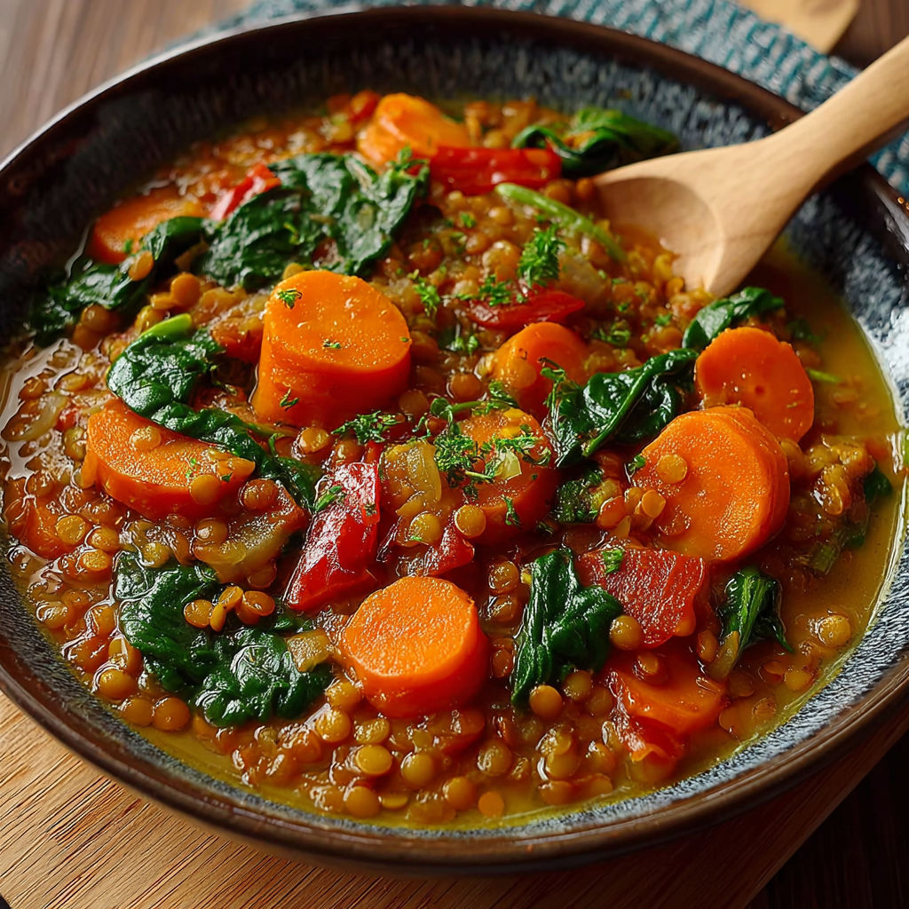 Un plat de ragoût végétal savoureux, contenant des carottes, des épinards et des légumes verts, est servie dans un bol sur une table.