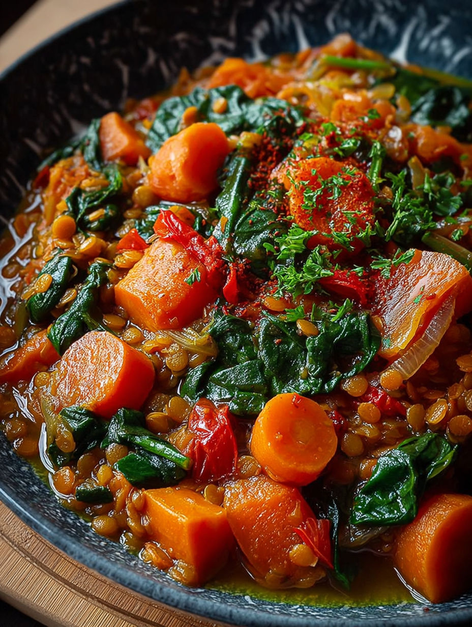 Ragoût végétal savoureux avec des légumes tels que des carottes et des épinards.