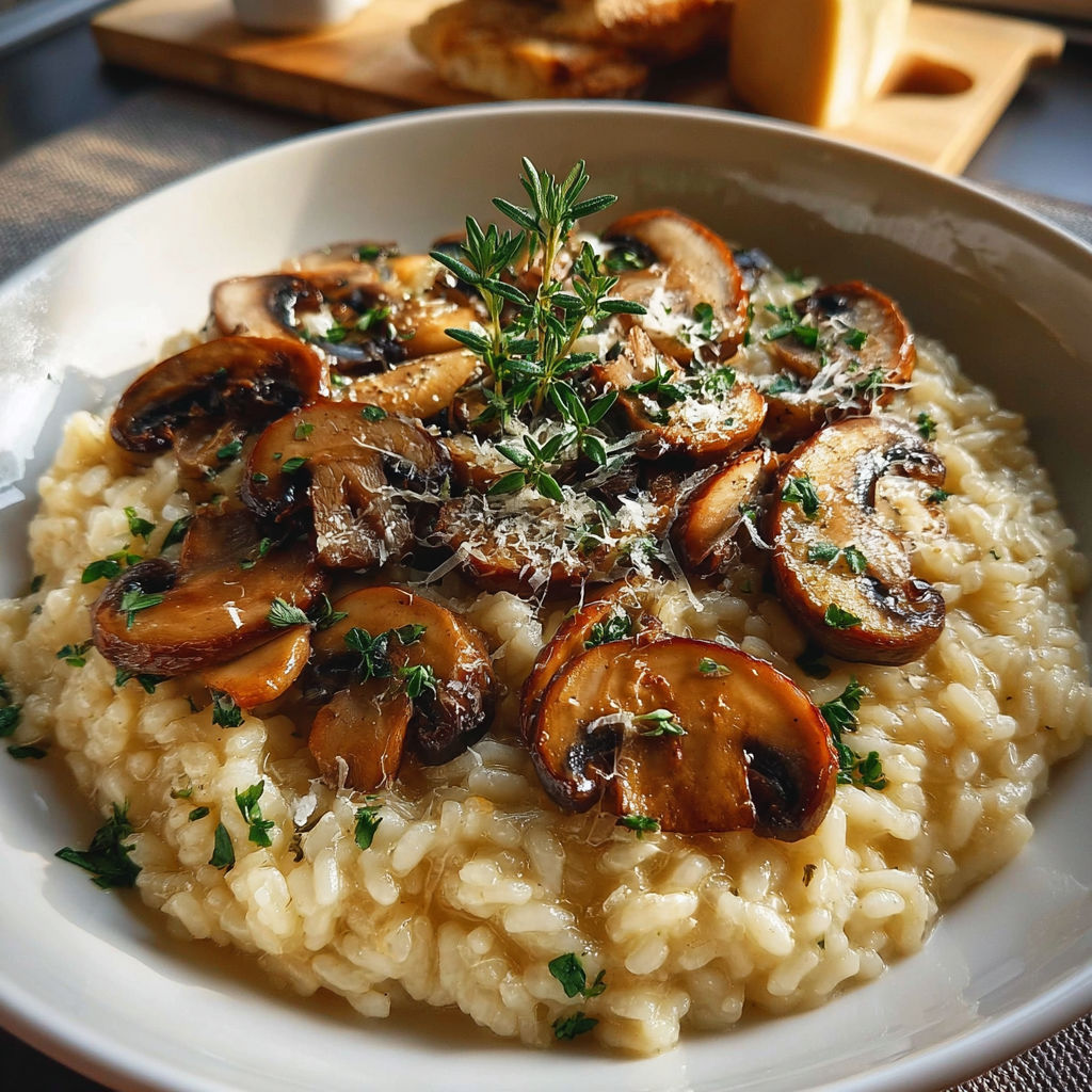 Un plat de risotto champignons sur une table.