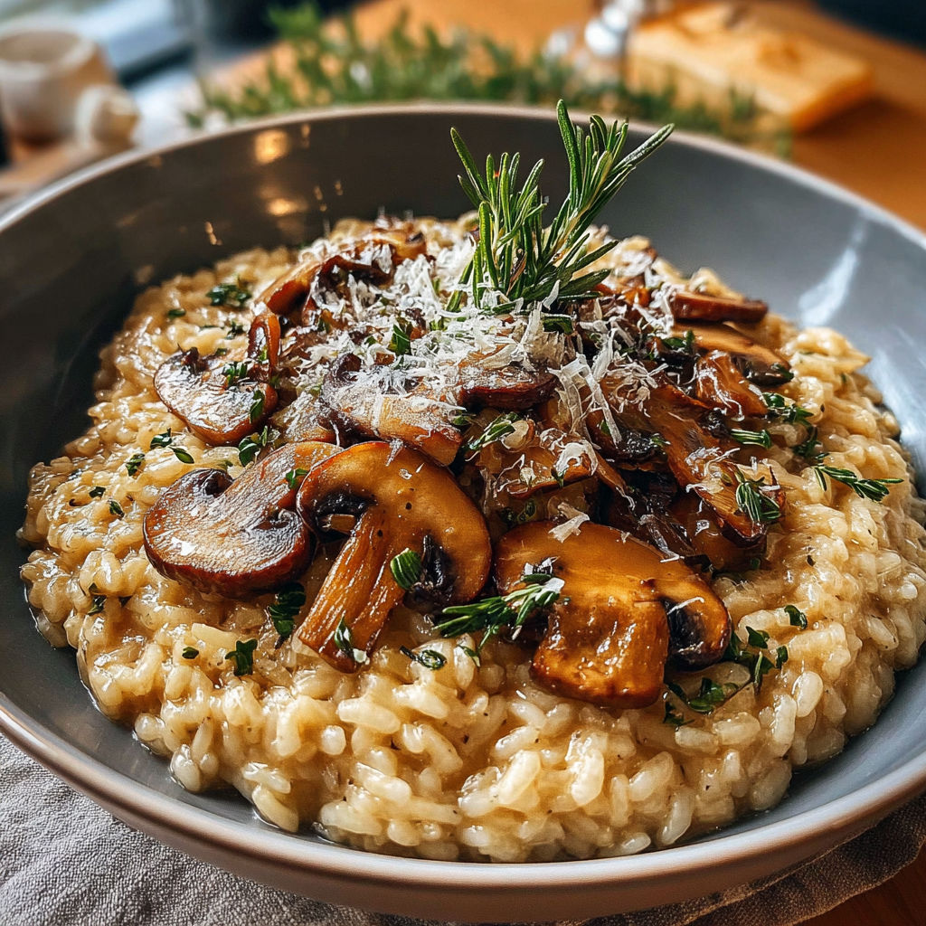 Une plate de risotto avec des champignons et des herbes.