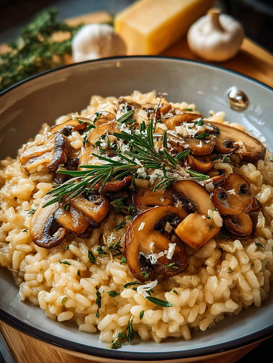 Une plate de risotto avec des champignons et des herbes.