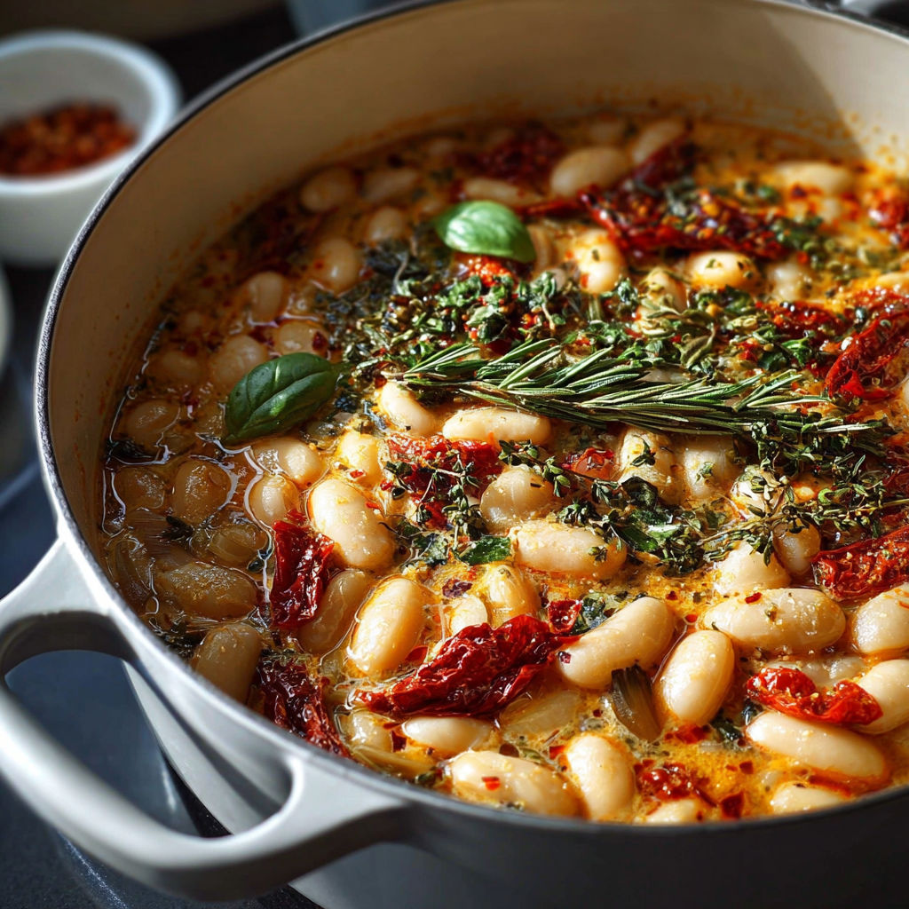 Un pot de soup avec des haricots, des tomates, des épinards, des herbes et des pois chiches.