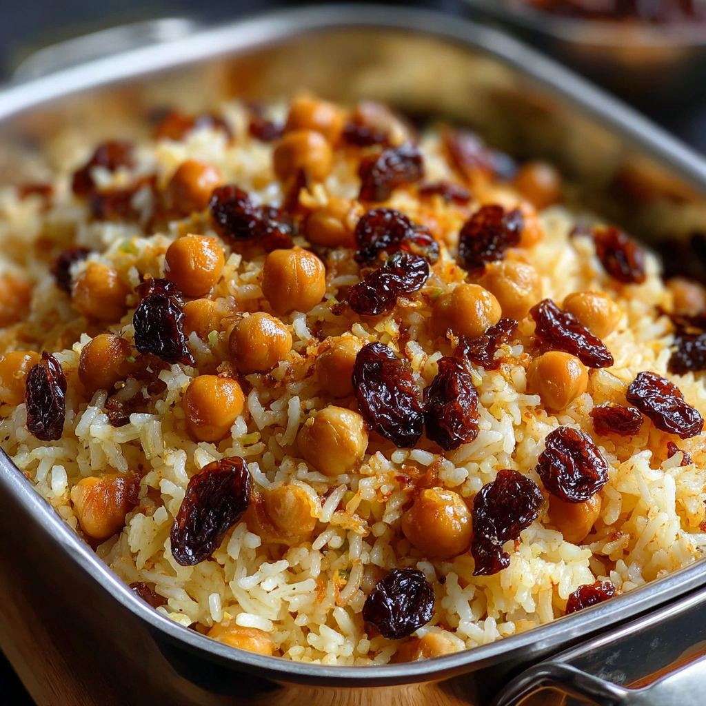 Une recette de riz et de haricots mélangés avec des raisins secs et des graines de cumin.