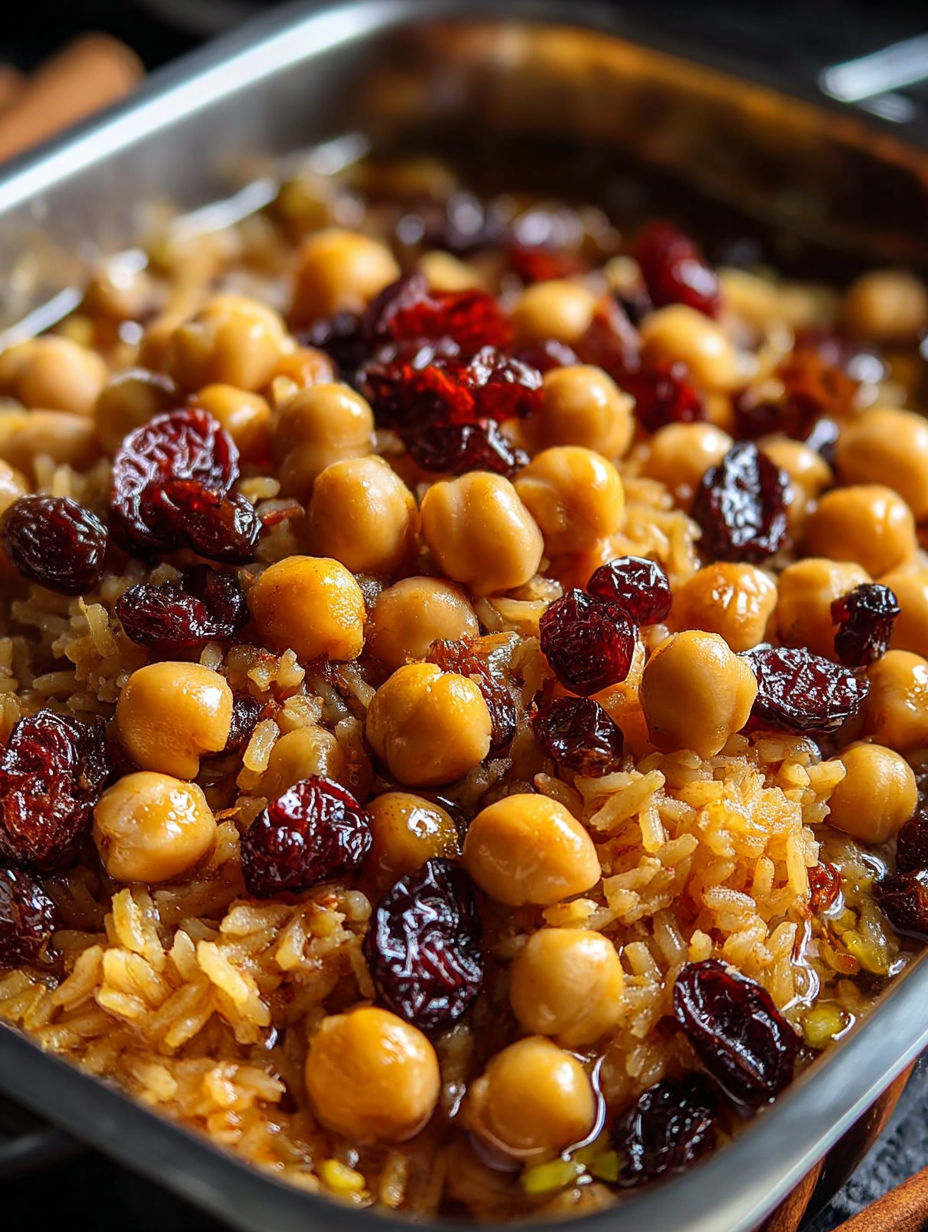 Rice and chickpeas with red raisins and cranberries.