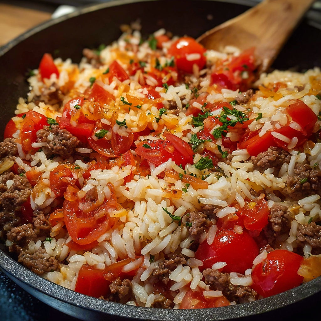 Un plat de riz savoureux à la viande, avec des tomates et des herbes, est cuit dans une poêle.