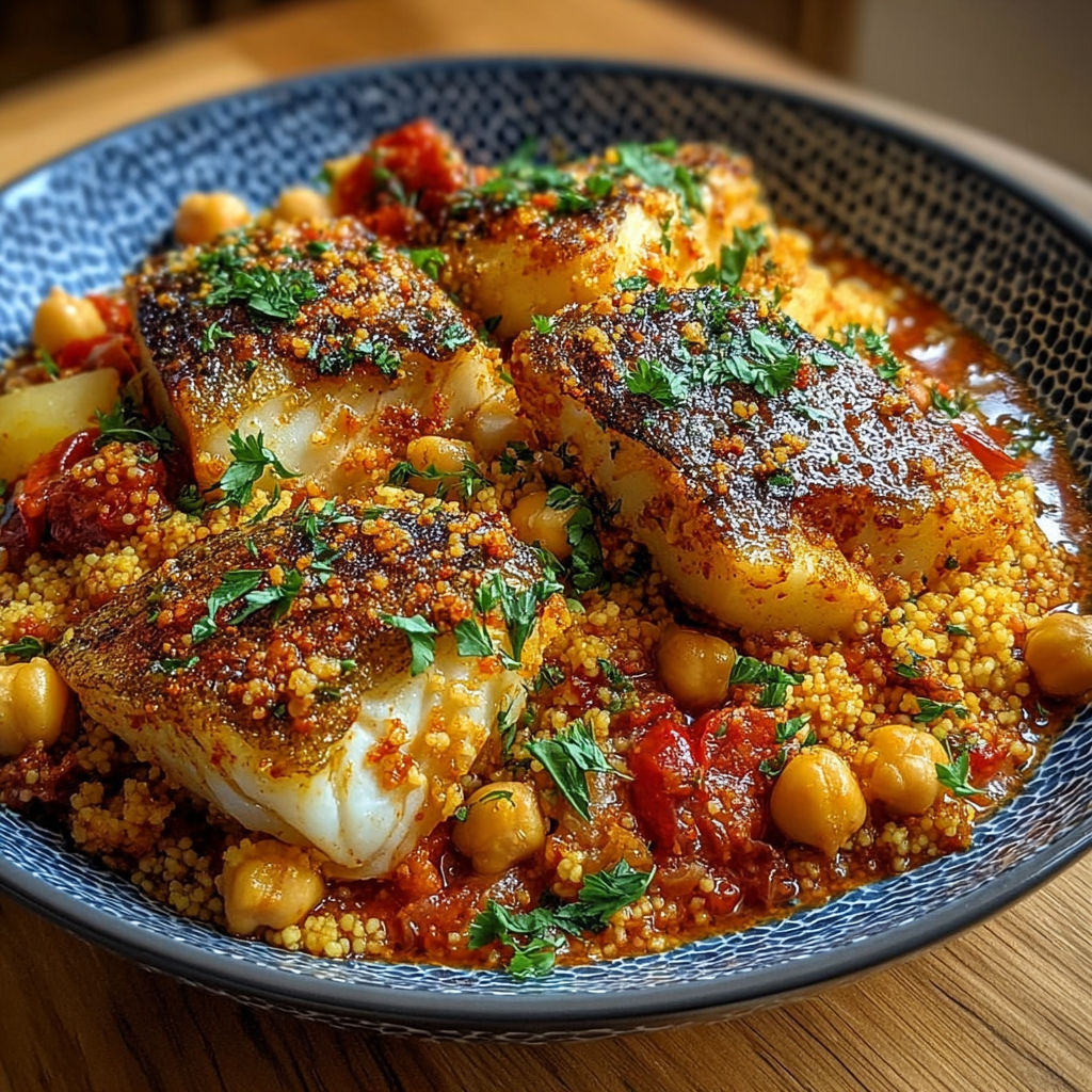 Un plat de couscous avec des poissons épicés et des pois chiches.