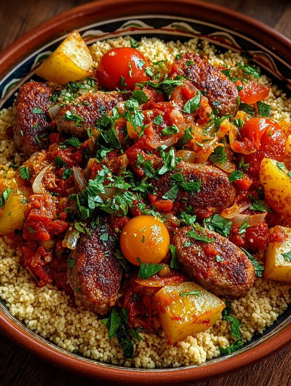 Une recette de couscous avec des légumes et des viandes.