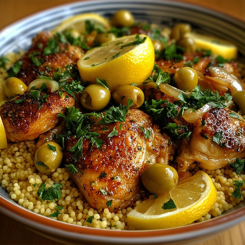 Une recette de poulet citron olives est servie dans un bol coloré.