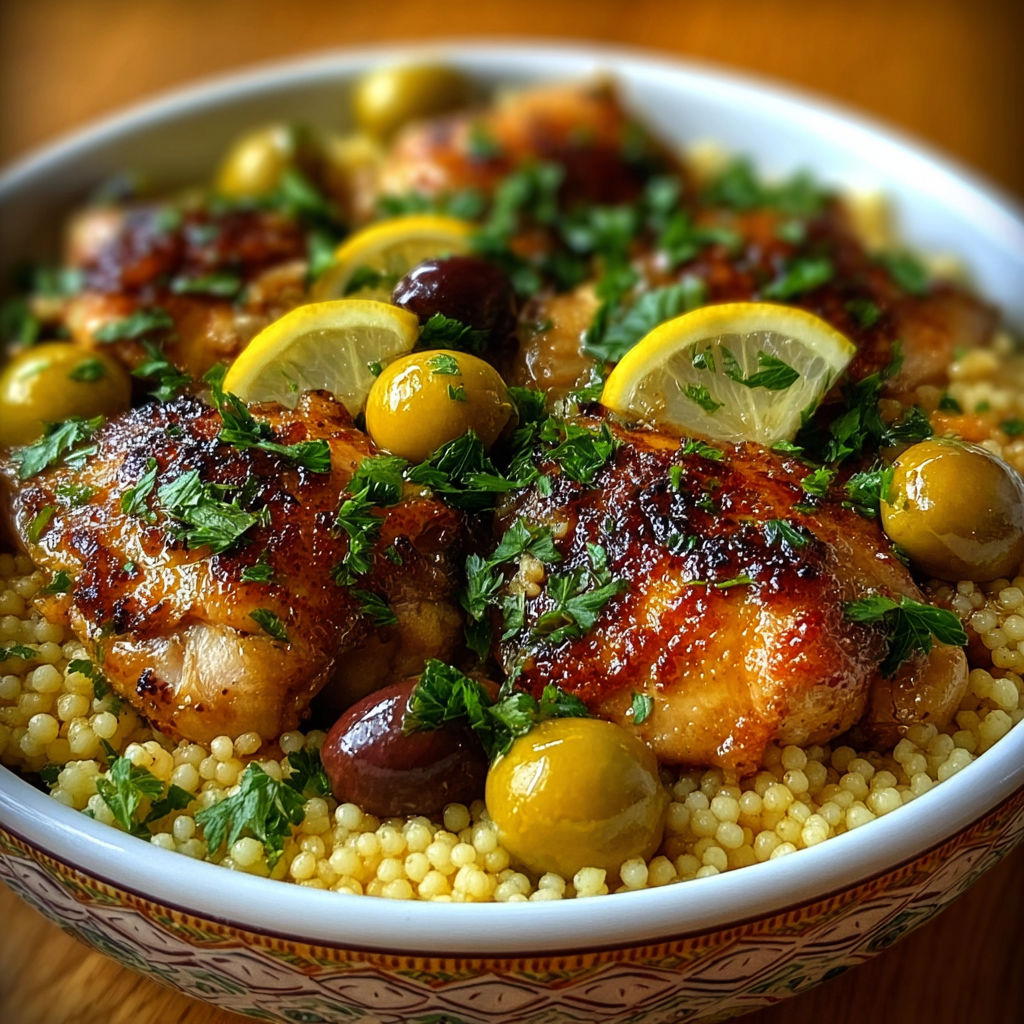 Une recette de poulet grillé avec des olives et des citrons.